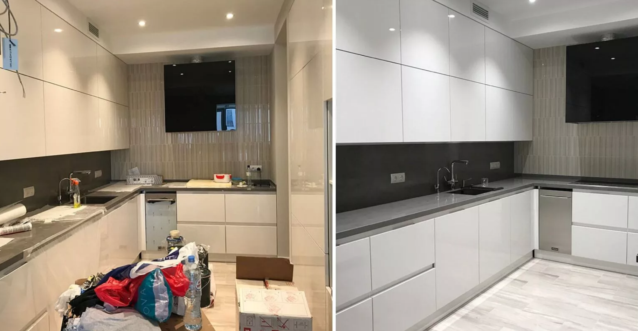 Bucătărie după lucrări de renovație, înainte și după curățenie