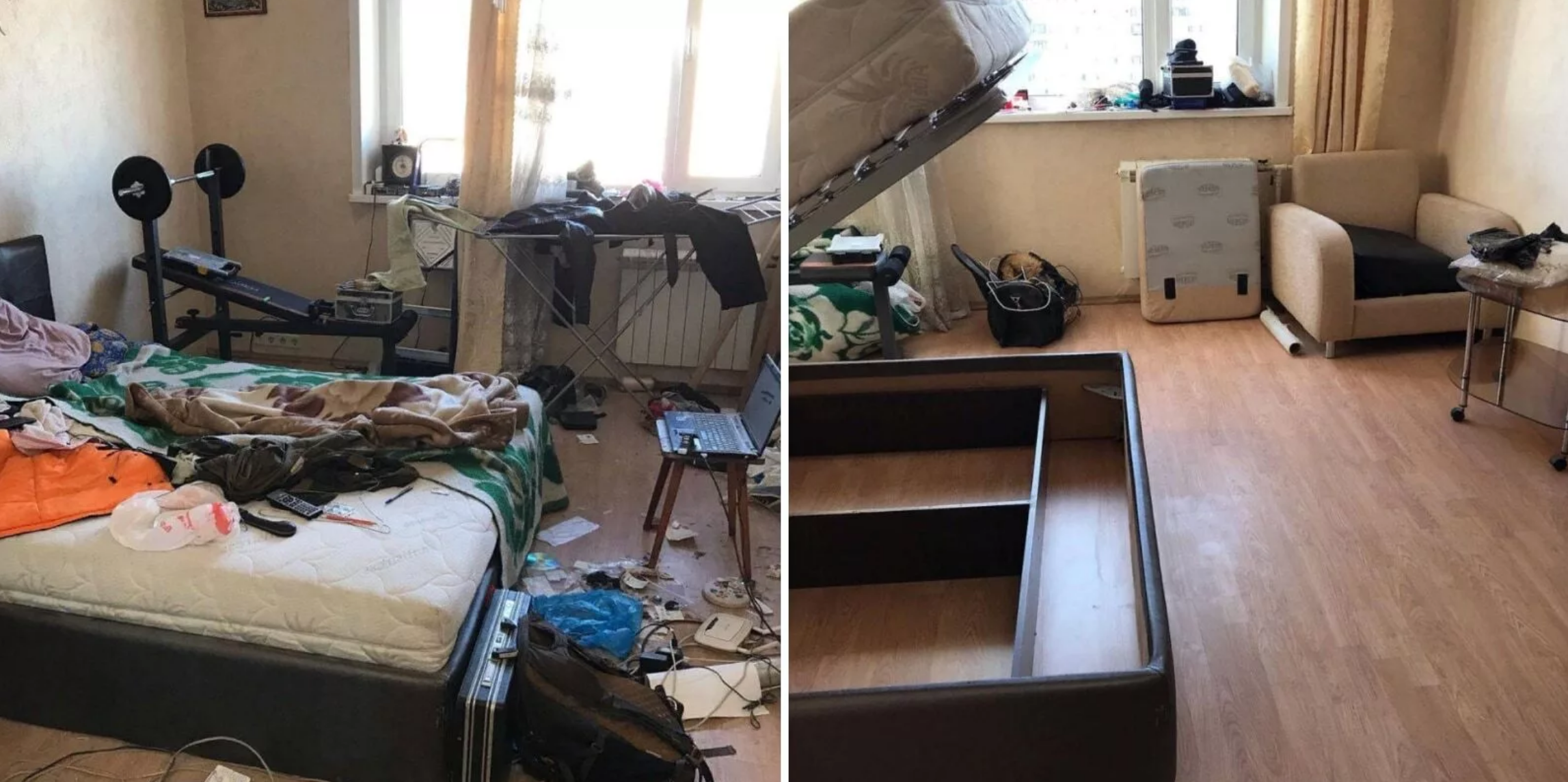 Cameră dezordonată înainte și după curățenia generală